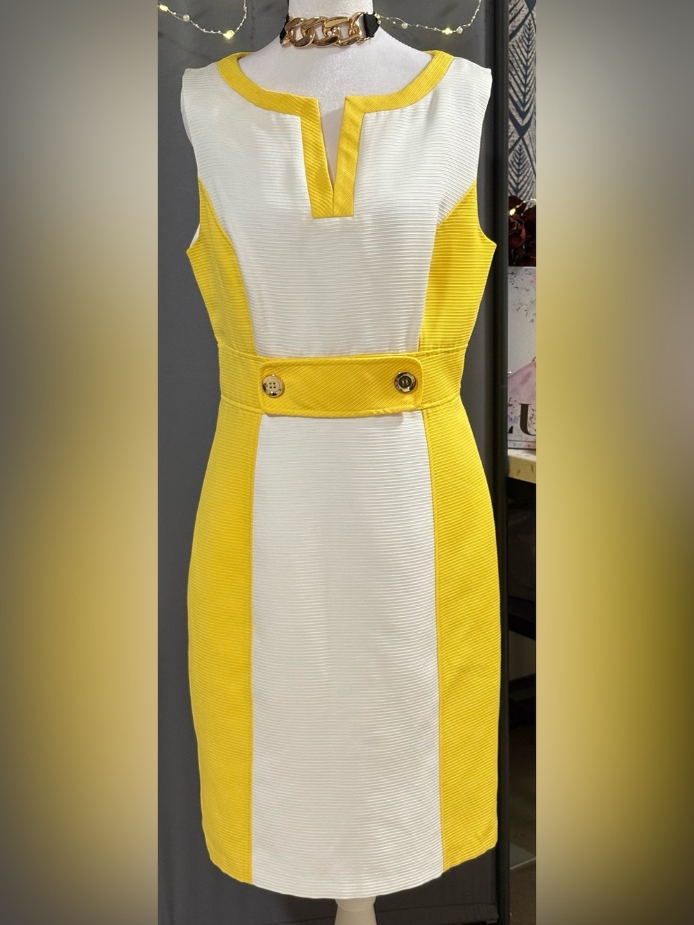 Sandra Darren 60s Style Textured Sheath Dress Yellow White Sz 10